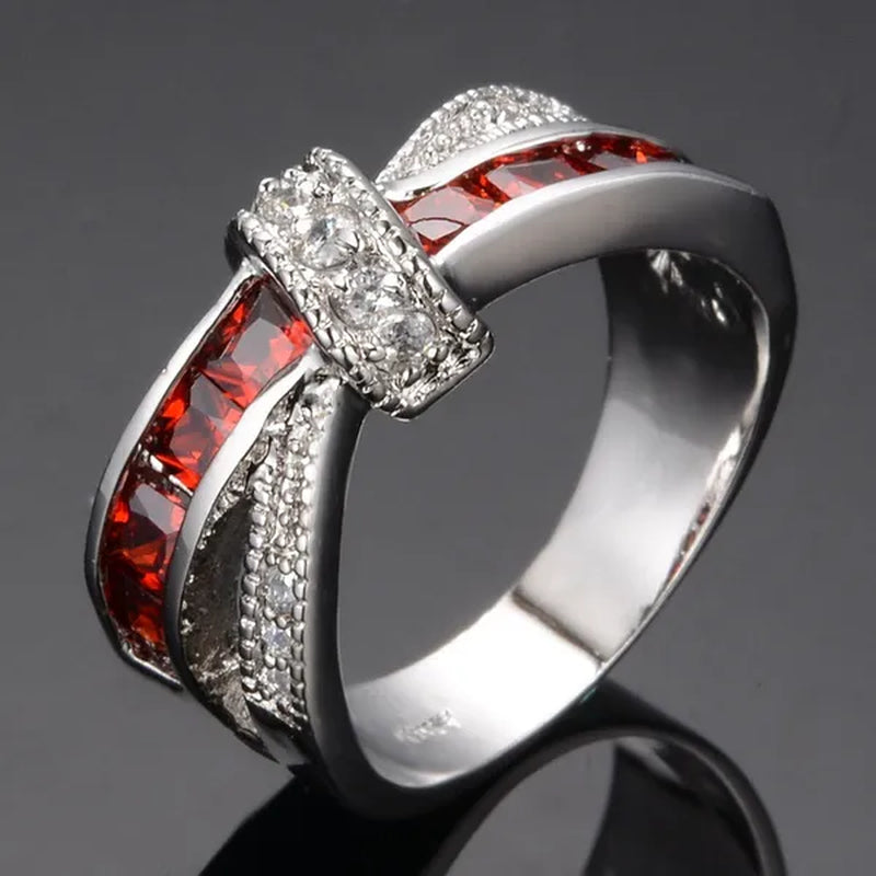3mm Square Red Garnet and 2mm Round CZ 925 Sterling Silver Engagement Bridal Ring