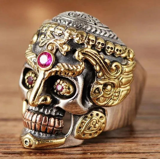 Stainless Steel Top Quality Ruby Gold Color Biker Skull Ring Jewelry