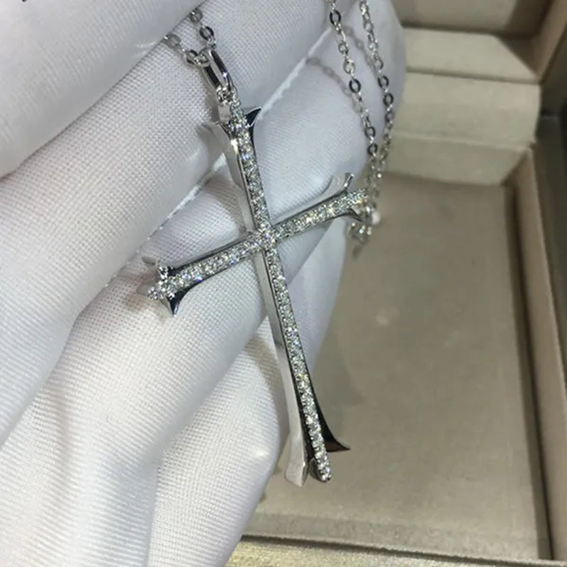 925 Sterling Silver Religious Cross Long Pendant Necklace Moissanite Charm Necklace for Women Fashion Necklace Unisex Party Banquet Fine Jewelry Personality Valentine Gift