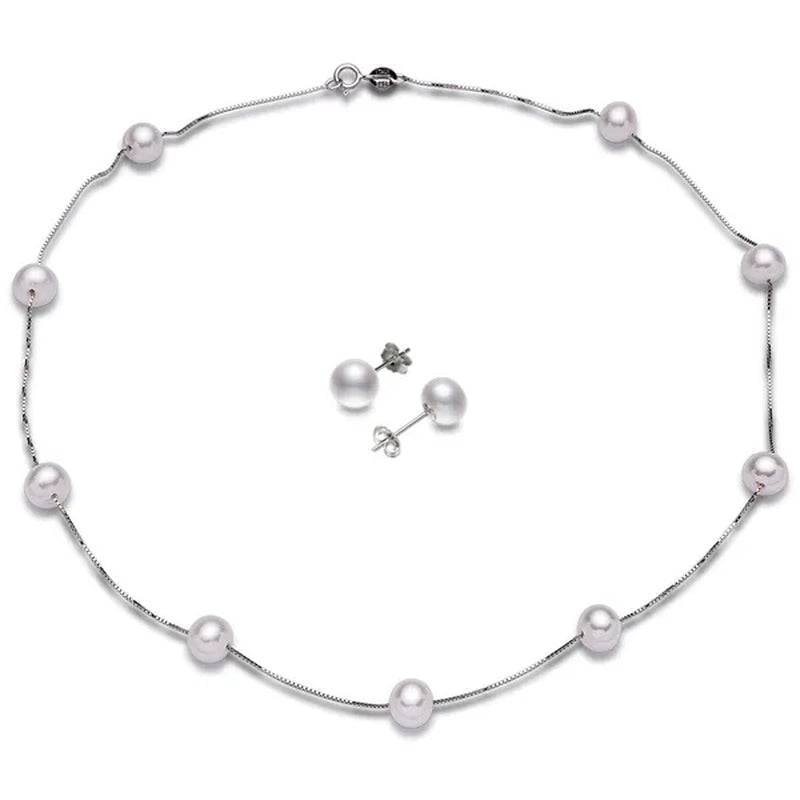 Trendy Simple 925 Sterling Silver with Natural Freshwater Pearl Necklace and Stud Earrings Jewelry Set for Women