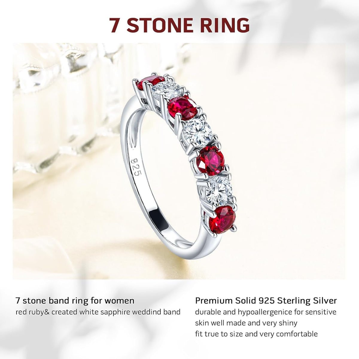925 Sterling Silver Birthstone Rings for Women White Sapphire Created Gemstone Wedding Band Stackable Half Eternity 7 Stone Anniversary Ring Wife Mom Grandma Birthday Jewelry Size 6-10