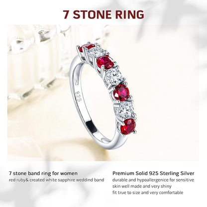 925 Sterling Silver Birthstone Rings for Women White Sapphire Created Gemstone Wedding Band Stackable Half Eternity 7 Stone Anniversary Ring Wife Mom Grandma Birthday Jewelry Size 6-10