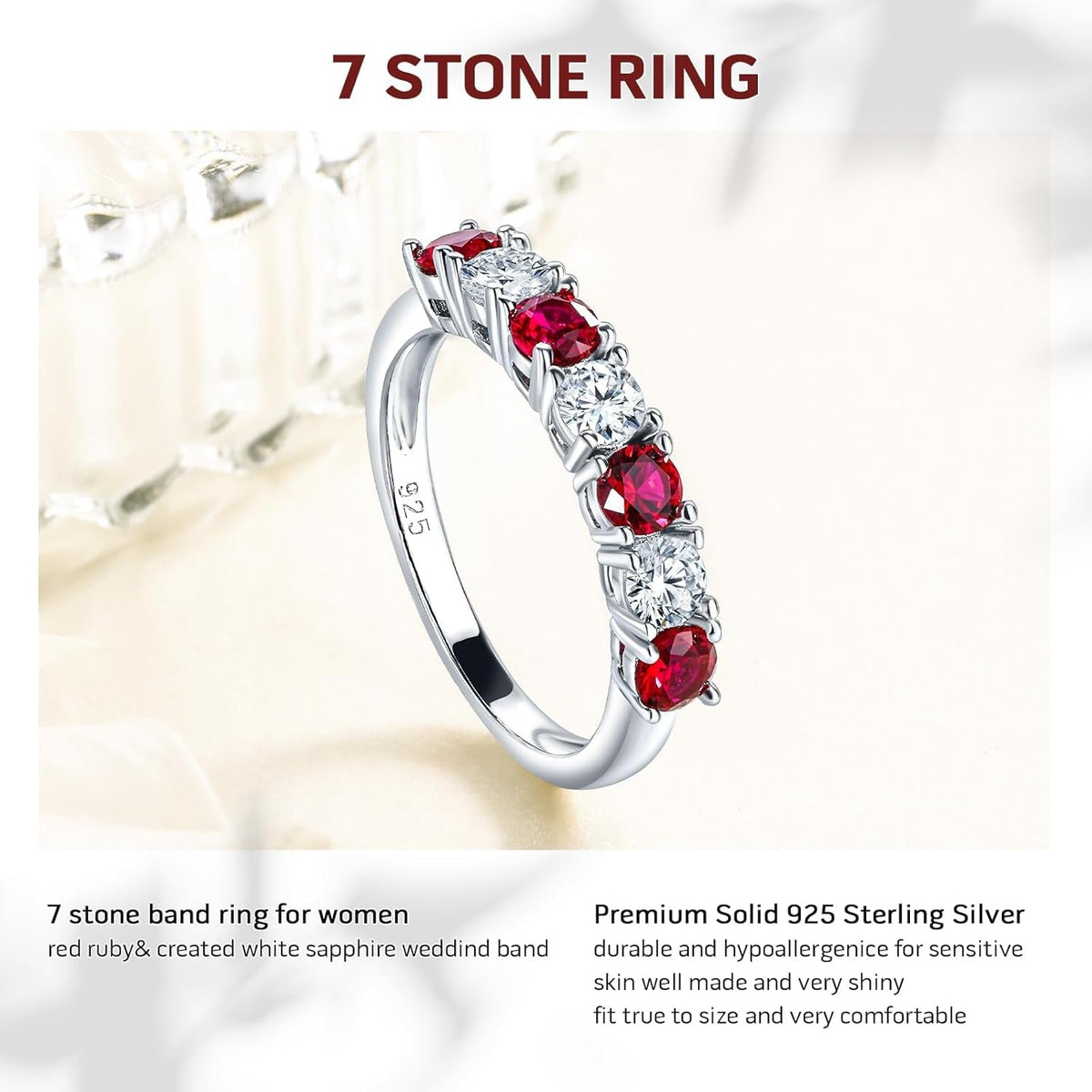 925 Sterling Silver Birthstone Rings for Women White Sapphire Created Gemstone Wedding Band Stackable Half Eternity 7 Stone Anniversary Ring Wife Mom Grandma Birthday Jewelry Size 6-10