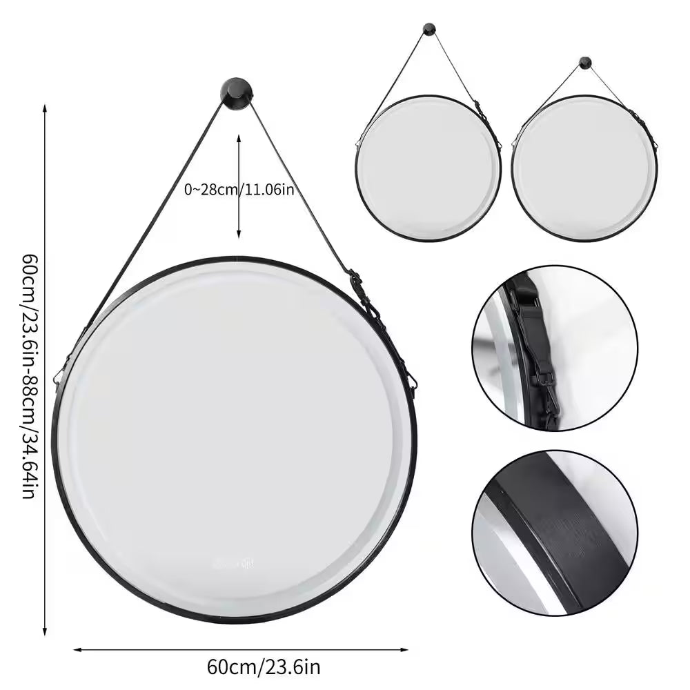 24 In. W X 24 In. H round Aluminum Framed Antifog 3-Color Dimmable LED Lighted Wall Hanging Bathroom Vanity Mirror Black