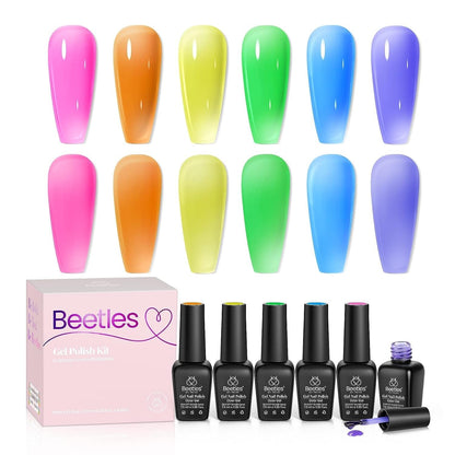 Beetles Gel Nail Polish Set, 6 Colors Jelly Gel Polish Nude Pink Gel Neutral Nail Art Design Translucent Gel Nail Kits Soak Off Uv Nail Lamp Cured Nail Manicure DIY Home for Women