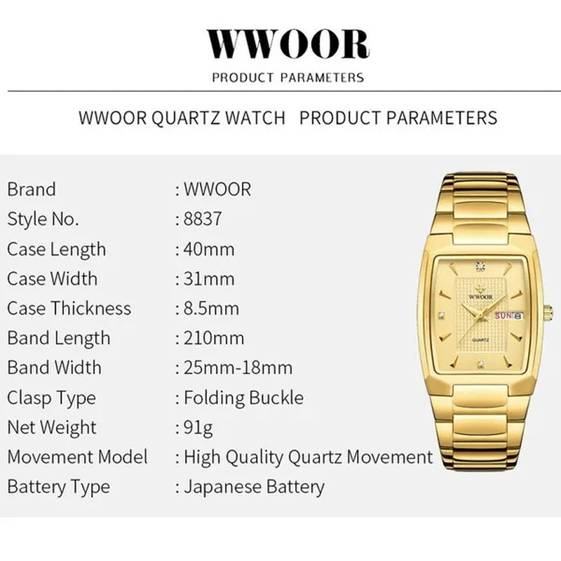 2021 Men's Watch WWOOR Top Brand Luxury Gold Blue Black Watch Men's Square Business Sports Quartz Waterproof Stainless Steel Watch Relogio Masculino