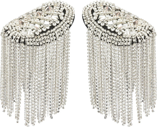 2 Pieces Tassel Epaulets Metal Fashion Shoulder Jewelry Rhinestones Cloth Accessories Brooches for Women, 2×3.7In (Silver)