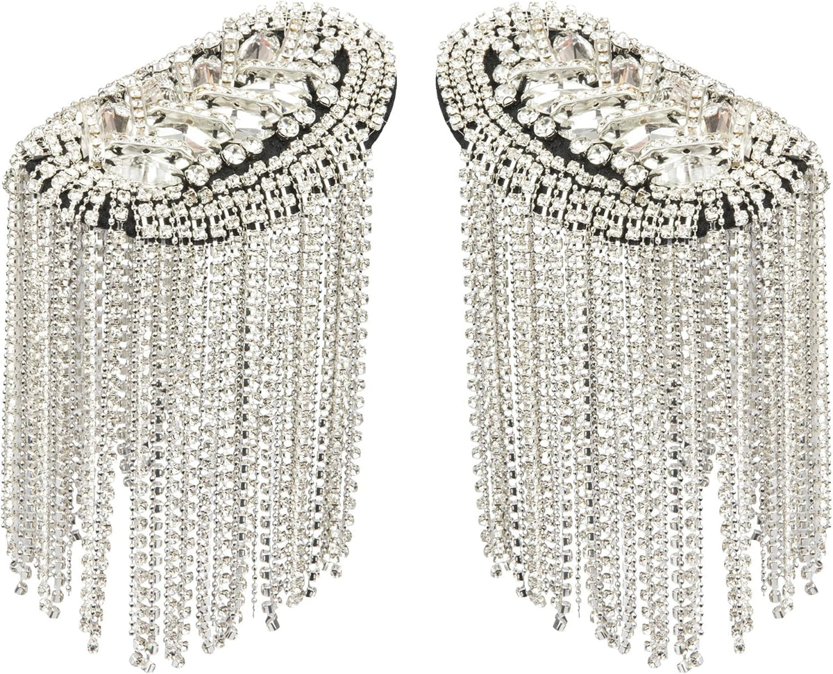 2 Pieces Tassel Epaulets Metal Fashion Shoulder Jewelry Rhinestones Cloth Accessories Brooches for Women, 2×3.7In (Silver)