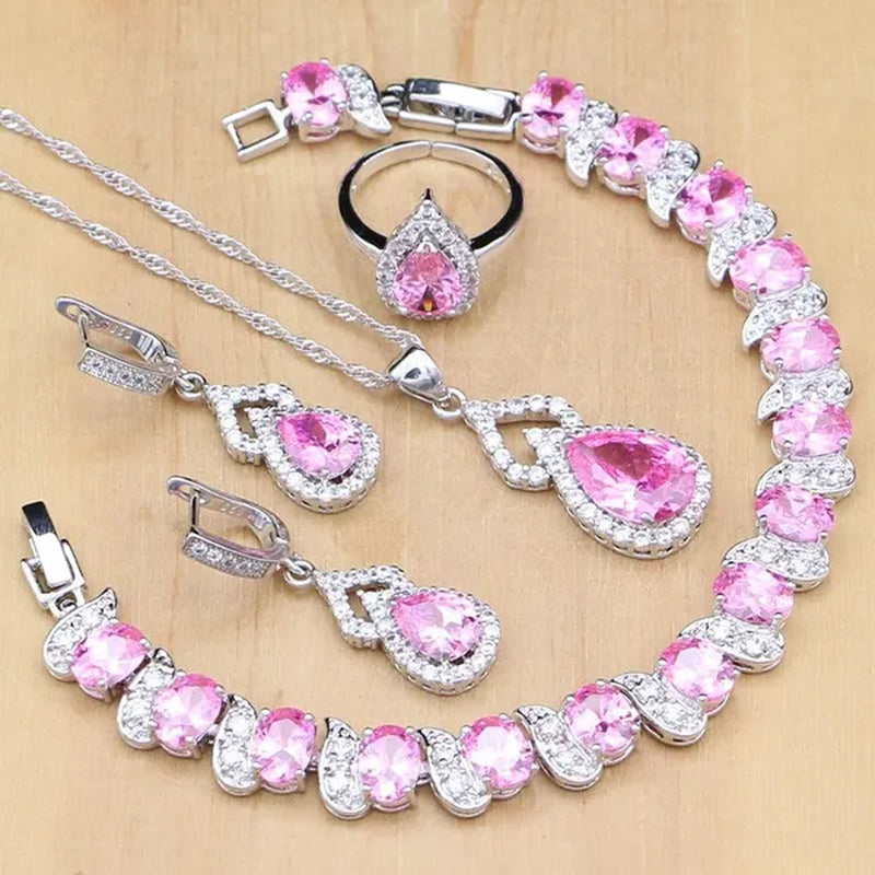 925 Silver Jewelry Sets Blue Sapphire White Topaz Open Rings Earrings Pendant Necklace Bracelet For Bridal  Women