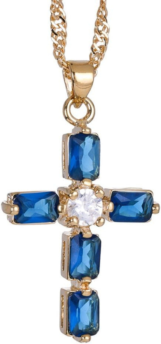 Cross Pendant with 18" Chain & Rectangular Cut CZ [6 Colors Available] in Yellow Gold Plated, Simple Modern Elegant