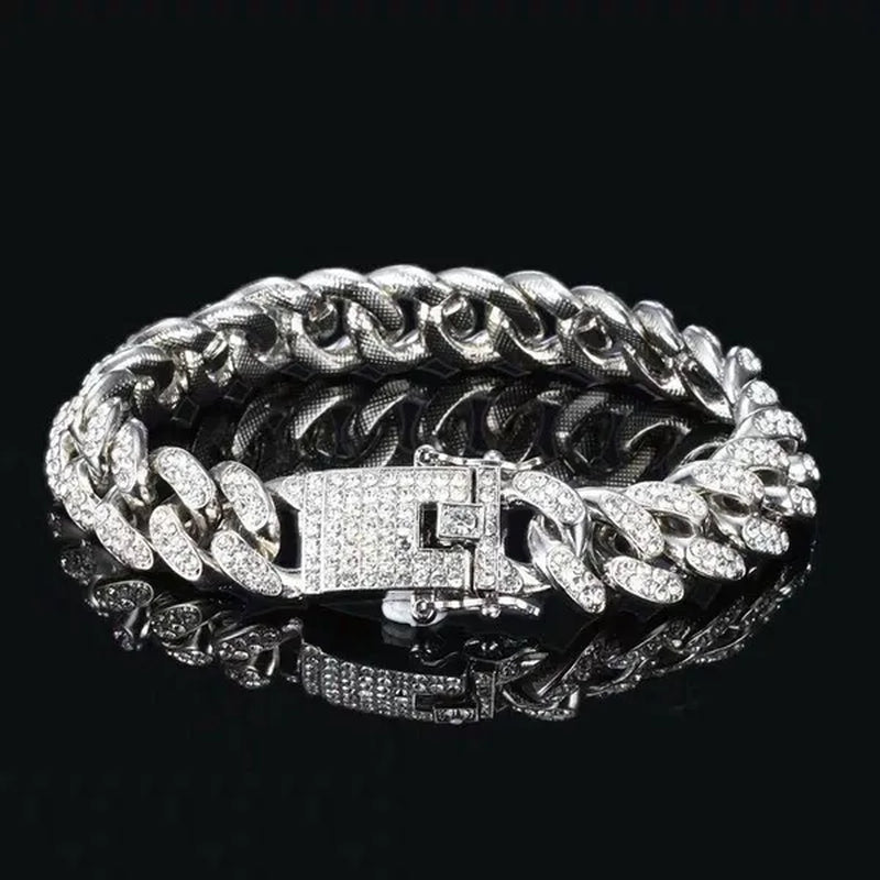 Fashion Gold / Silver Plated Solid Stainless Steel Iced Out Diamond Bracelet Thick Miami Cuban Link Chain Necklace Hip Hop Jewelry