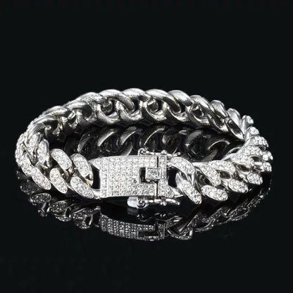Fashion Gold / Silver Plated Solid Stainless Steel Iced Out Diamond Bracelet Thick Miami Cuban Link Chain Necklace Hip Hop Jewelry