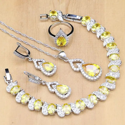 925 Silver Jewelry Sets Blue Sapphire White Topaz Open Rings Earrings Pendant Necklace Bracelet For Bridal  Women