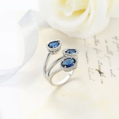 Fashion handpiece blue zirconium jewelry opening ring 925 sterling silver sapphire rings for women New Model Fashion Jewelry Zircon Elliptical Shape Rings Wedding Jewelry Engagement Diamond Rings