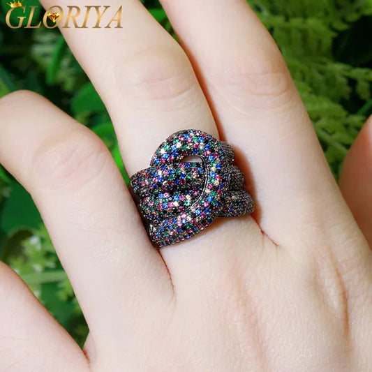 Gloriya Adjustable Women Exaggerated Full Micro Cubic Zirconia Unique Open Cuff Large Ring for Cocktail Personality Finger Jewelry