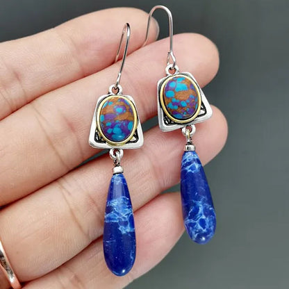 Exquisite Retro Bohemian Earrings Silver Plated Blue Stone Dangle Hook Earrings Bridal Wedding and Engagement Anniversary Gift Jewelry Earrings for Women