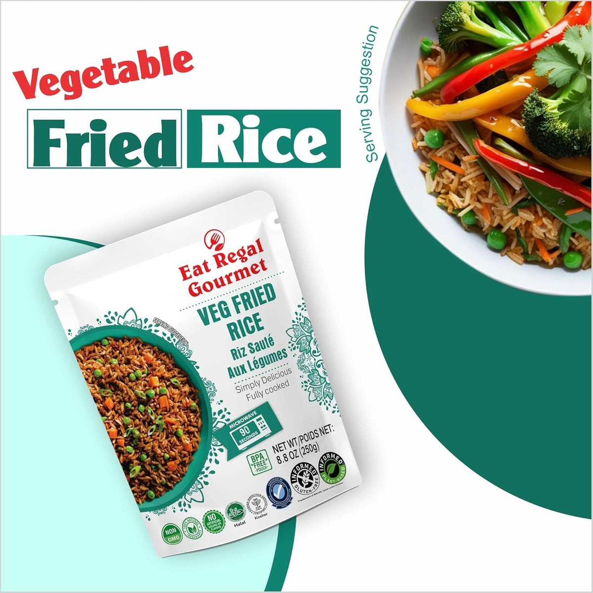 Veg Fried Rice Microwavable Rice Pack of 6, 8.8Oz Instant Rice Ready in 90 Seconds - Dinner Sides | Vegetable Rice | Ready to Eat | Prepared Foods | Side Dish | Flavored Rice