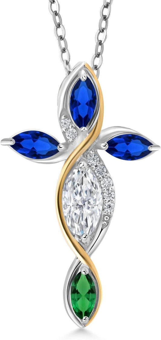 Cross Necklace for Women in 925 Silver and 10K Yellow Gold with Moissanite and Created Sapphire and Nano Emerald | 1.47 Cttw | Jesus Christian Religious Crucifix | Marquise 8X4MM | 18 Inch Chain