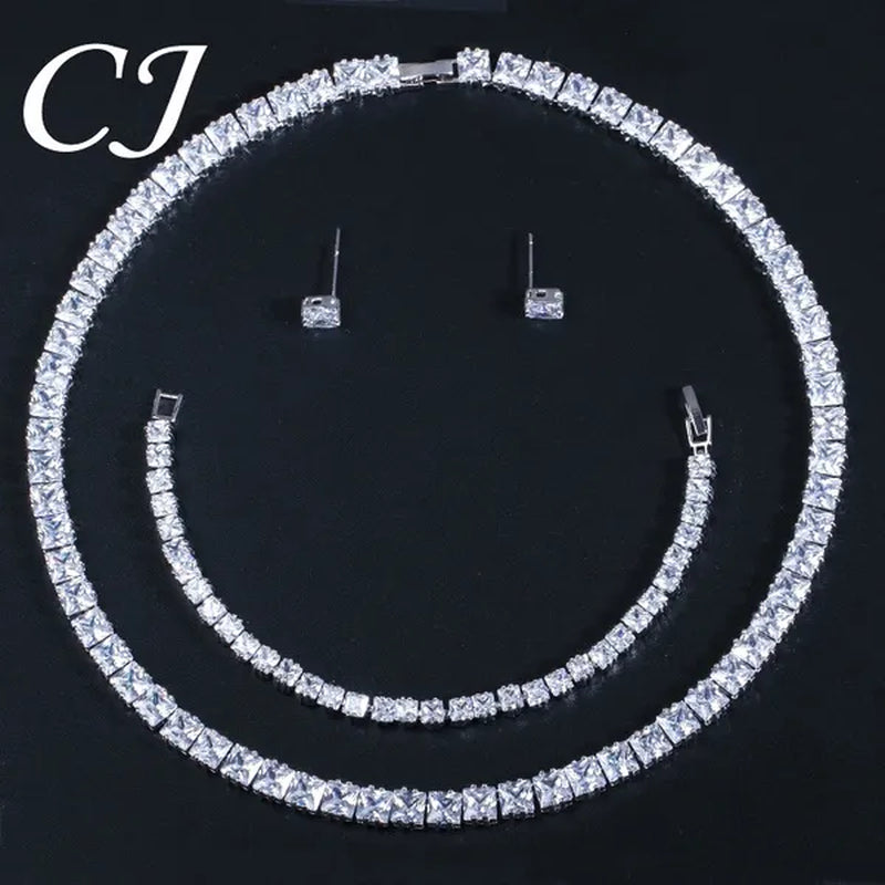 CANDICE Platinum Plating Elegant Party Jewelry Set Pave Glittering Princess Cut Pure Zirconia Choker Necklace Earrings and Bracelet for Women Wedding Gift