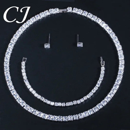 CANDICE Platinum Plating Elegant Party Jewelry Set Pave Glittering Princess Cut Pure Zirconia Choker Necklace Earrings and Bracelet for Women Wedding Gift