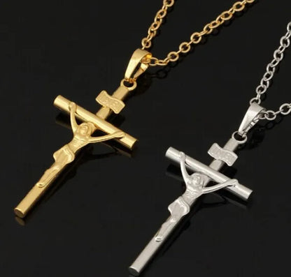 18K GOLD FILLED JESUS CHRIST CRUCIFIX CROSS PENDANT CHAIN NECKLACE WHITE GOLD PLATED