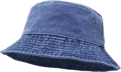 Bucket Hat, Wide Brim Washed Denim Cotton Outdoor Sun Hat Flat Top Cap for Fishing Hiking Beach Sports