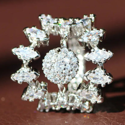 Luxurious  Silver Natural Gemstones White Sapphire Wedding Birthstone Bride Flower Engagement Ellipse Princess Sun Ring Jewelry Size 6 7 8 9 10