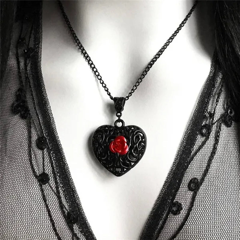Black Filigree Heart Necklace with Red Rose, Gothic Victorian Pendant, Romantic Valentine Gift For Girlfriend Wife, Alternative Jewelry