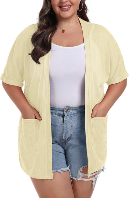 plus Size Lightweight Cardigan for Women Summer Sheer Short Sleeve Cardigan with Pockets Beach Cover Up