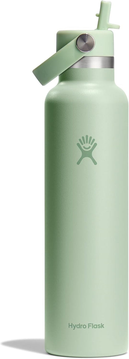 24 Oz Stainless Steel Standard Mouth Water Bottle with Flex Straw Cap and Double-Wall Vacuum Insulation