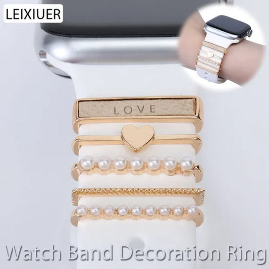 LEIXIUER Decoration ring for Apple watch band Decorative Charms Diamond Jewelry pearl charm ring for iWatch for samsung watch for watch Bracelet leather silicone Strap Accessories