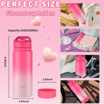 Kids Water Bottle for School, 16Oz Stainless Steel Insulated Water Bottle Kids with Straw Lid for Girls, Boys (Sweat Peach)
