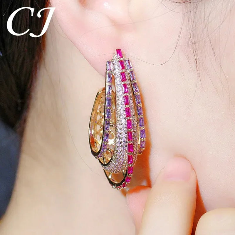 CANDICE Dubai Luxury Trendy Ear Jewelry Full Micro Pave Rose Red Purple CZ Crystal Hollow-out Design Arc Hoop Earrings for Dinner Party