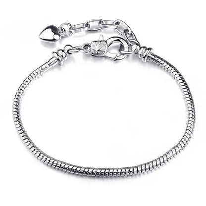 NEW Fashion 925 Sterling Silver White Flashing Double sided Heart Snake Chain Bracelet For European Bangle Bracelet Jewelery Making DIY