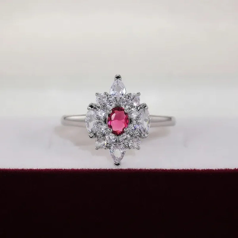 Luxury Noble Silver Plated 4 Prong Oval Cut Ruby Inlay Irregular White Sapphire Ring for Women Engagement Party Wedding Jewelry
