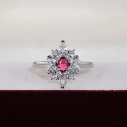 Luxury Noble Silver Plated 4 Prong Oval Cut Ruby Inlay Irregular White Sapphire Ring for Women Engagement Party Wedding Jewelry