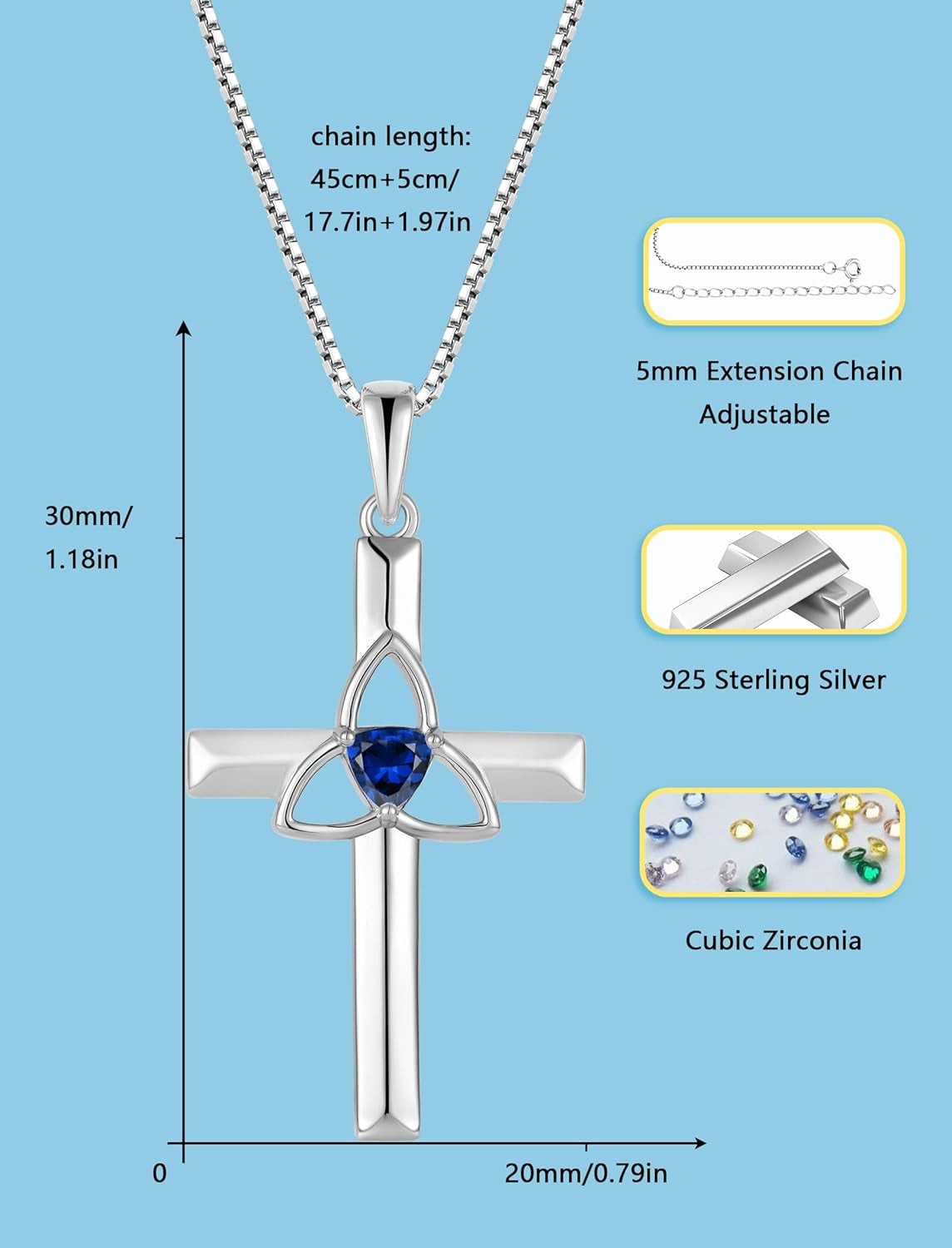 Celtic Cross Necklace 925 Sterling Silver with White Gold Plated Birthstone Pendant Necklaces for Women