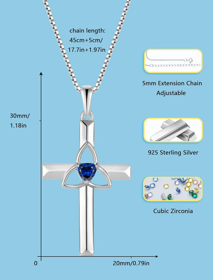 Celtic Cross Necklace 925 Sterling Silver with White Gold Plated Birthstone Pendant Necklaces for Women