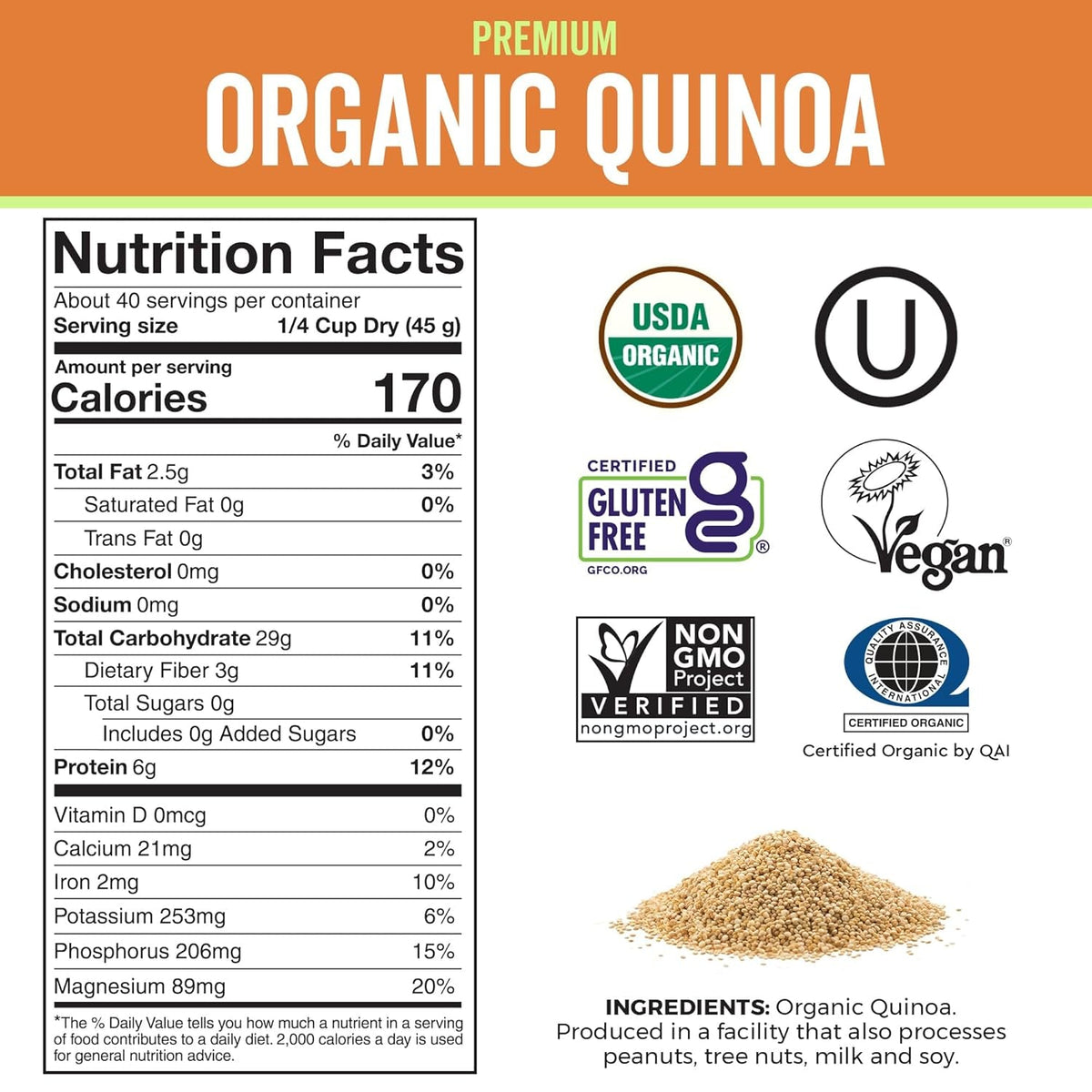 Organic Quinoa, 4 Lb - Plant Based Protein, Fiber and Iron - Pre-Washed Whole Grain Rice and Pasta Substitute for Quinoa Salad - USDA Organic, Gluten Free, Vegan, Non-Gmo and Kosher