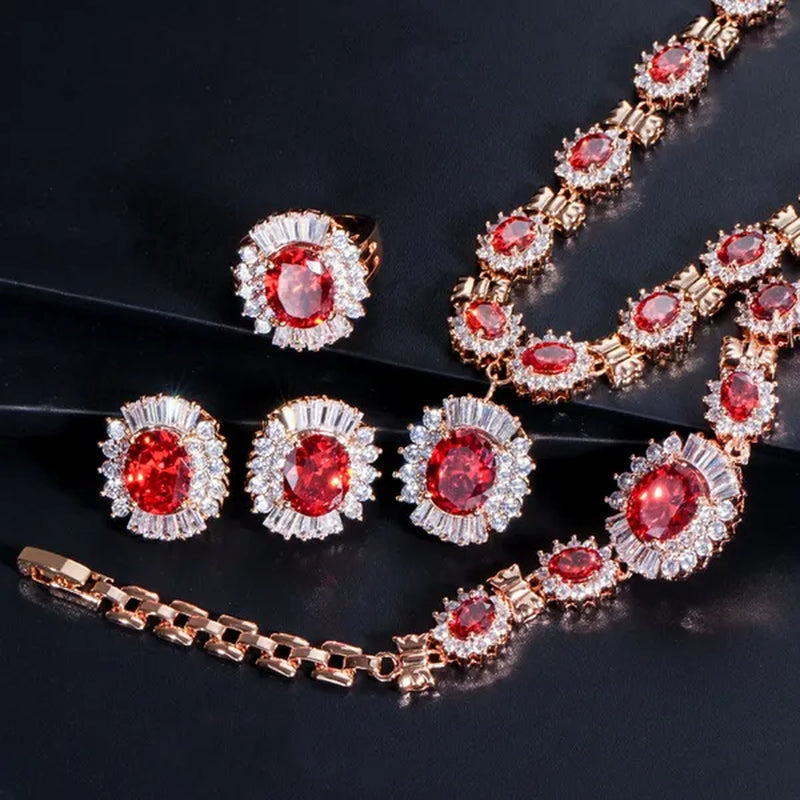 CANDICE Dubai Wedding 4 Pieces Set Elegant Red Zirconia Paved Yellow Gold Plated Engagement Party Ring Earrings Bracelet Necklace Sets For Women