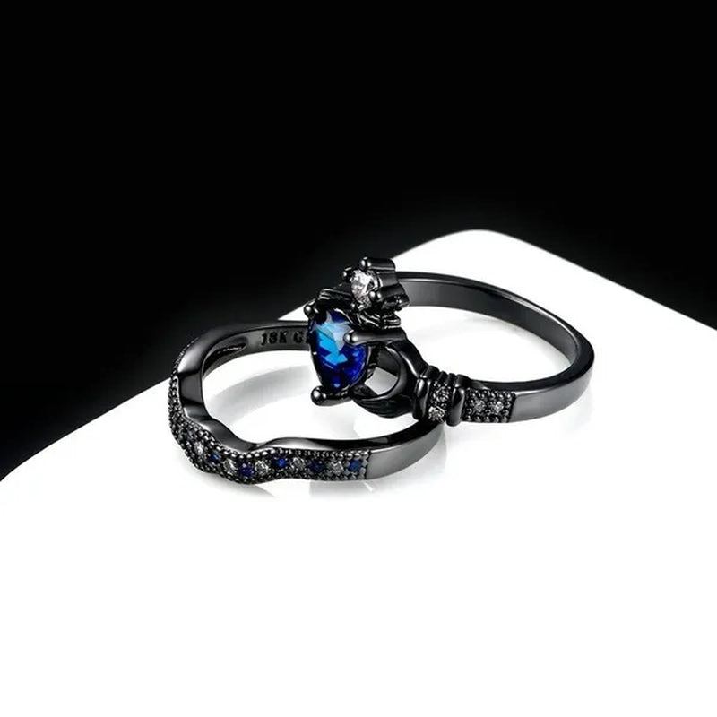 2PCS Fashion Blue Sapphire Couple Rings Diamond Rings Heart Shape Blue Sapphire Engagement Wedding Rings Set