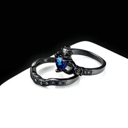2PCS Fashion Blue Sapphire Couple Rings Diamond Rings Heart Shape Blue Sapphire Engagement Wedding Rings Set