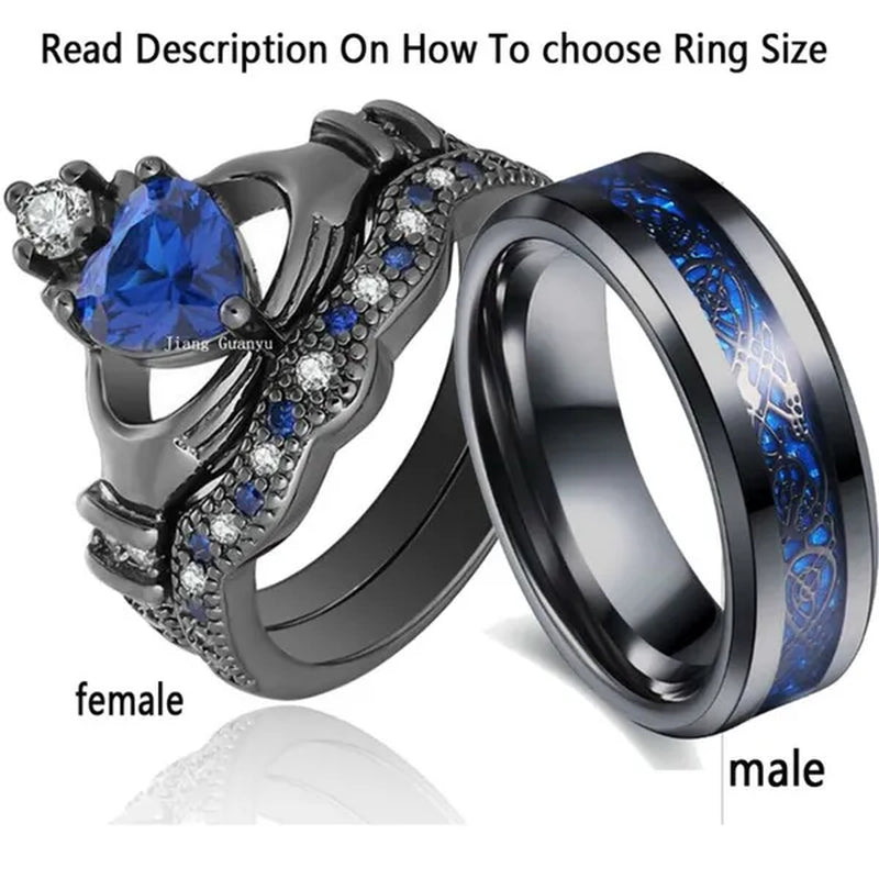 TWO Rings Couple Rings Sainless Steel Men's Ring Black Gold Filled Claddagh Ring Heart 1ct Sapphire Women's Wedding Ring Sets