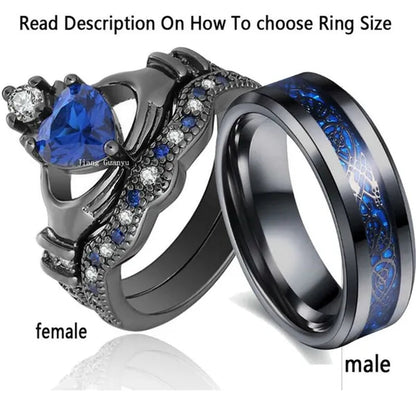 TWO Rings Couple Rings Sainless Steel Men's Ring Black Gold Filled Claddagh Ring Heart 1ct Sapphire Women's Wedding Ring Sets