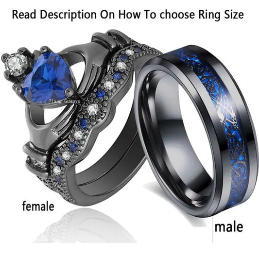 TWO Rings Couple Rings Sainless Steel Men's Ring Black Gold Filled Claddagh Ring Heart 1ct Sapphire Women's Wedding Ring Sets
