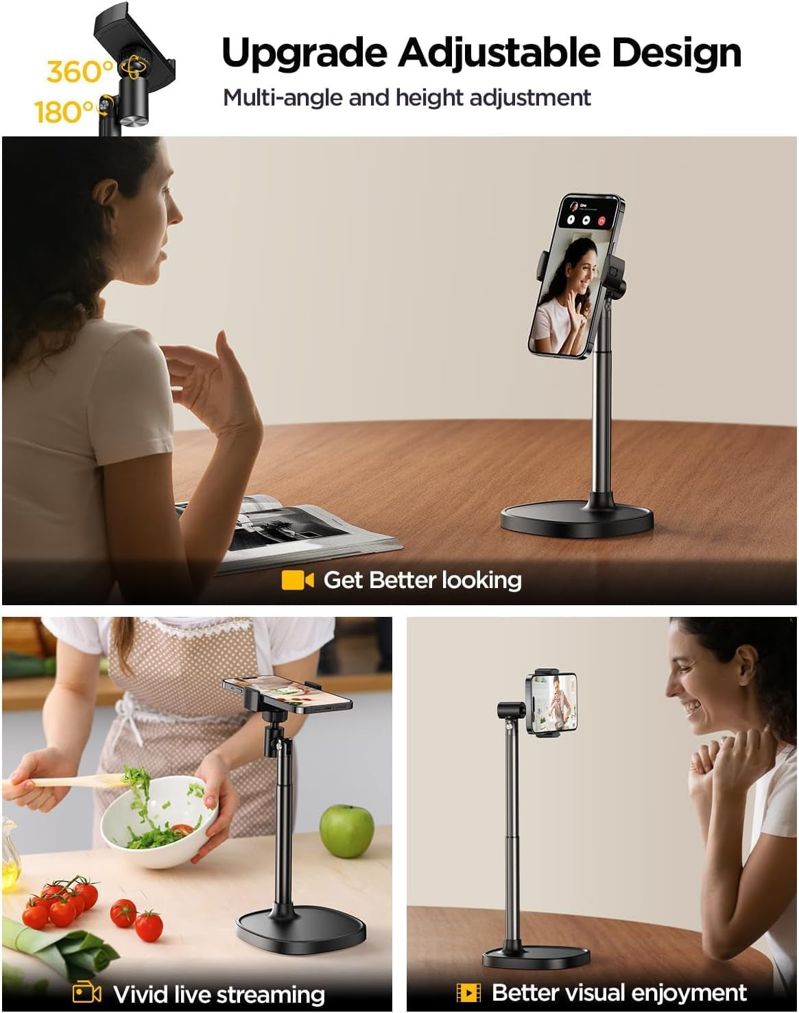 Phone Stand for Desk, Angle Height Adjustable Phone Holder for Desk, Aluminum Alloy Universal Iphone Stand Holder, Retractable Cell Phone Stand Recording Office for Iphone 16 15 Pro Max Plus