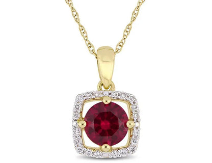 1.00 Carat (ctw) Lab Created Ruby Solitaire Pendant Necklace in 10K Yellow Gold with Diamonds 1/10 (ctw I2-I3) and Chain