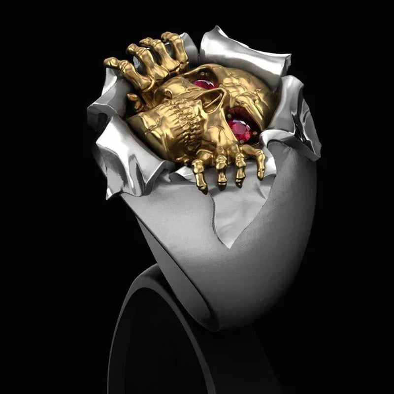 Unique Design Exquisite Men's Two Tone Personality Jewelry Punk Gothic 316L Stainless Steel Silver & Gold Breaking Skull & Ruby Eyes Ring Engagement  Wedding Band Jewellry Rings Size 6-13