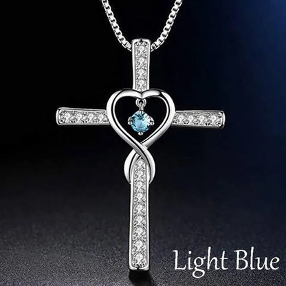 Infinity Love God We Trust Christian Cross Birthstone Diamond Rhinestone Pendant Necklace Birthday Gifts Jewelry For Women Christmas Girls