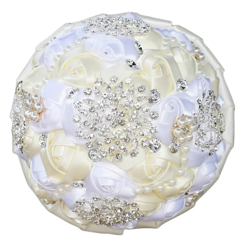 20CM Mixed Color Silk Ribbon Rose Wedding Flower Bouquet Luxury Pearl Crystal Brooch Bridal Bouquet Handmade Creative Bridesmaid Holding Flowers
